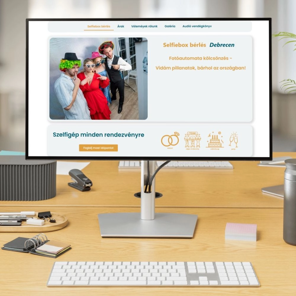 Selfiebox bérlés weboldala egy monitoron megjelenítve, fotóautomata szolgáltatás Debrecenből esküvőkre, rendezvényekre