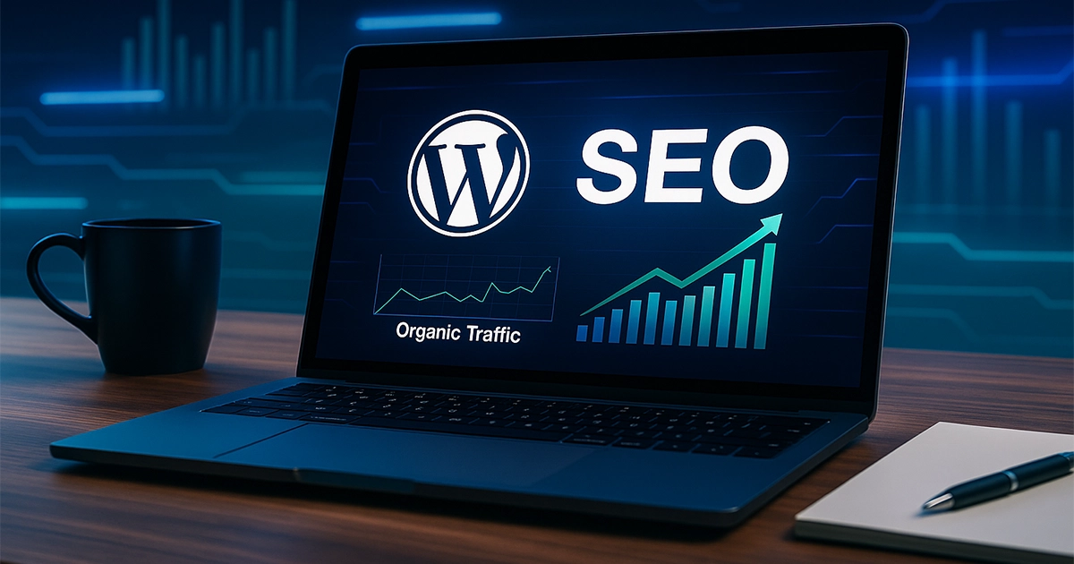 Laptop képernyőjén WordPress logó és SEO grafikon látható, amely organikus forgalom növekedését mutatja – modern asztalon kávésbögrével és jegyzetfüzettel.