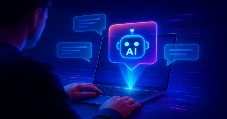 Futurisztikus, neonfényes környezetben hologramos AI chatbot ikon jelenik meg egy laptop felett, miközben a felhasználó billentyűzeten gépel – a mesterséges intelligencia alapú chatbotok modern megjelenítése.