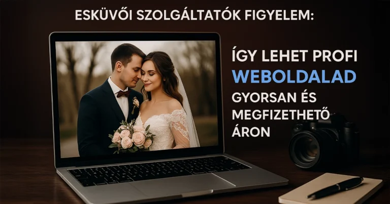 Modern, letisztult esküvői szolgáltatói weboldal bemutatása mobilon és laptopon, elegáns arculattal.