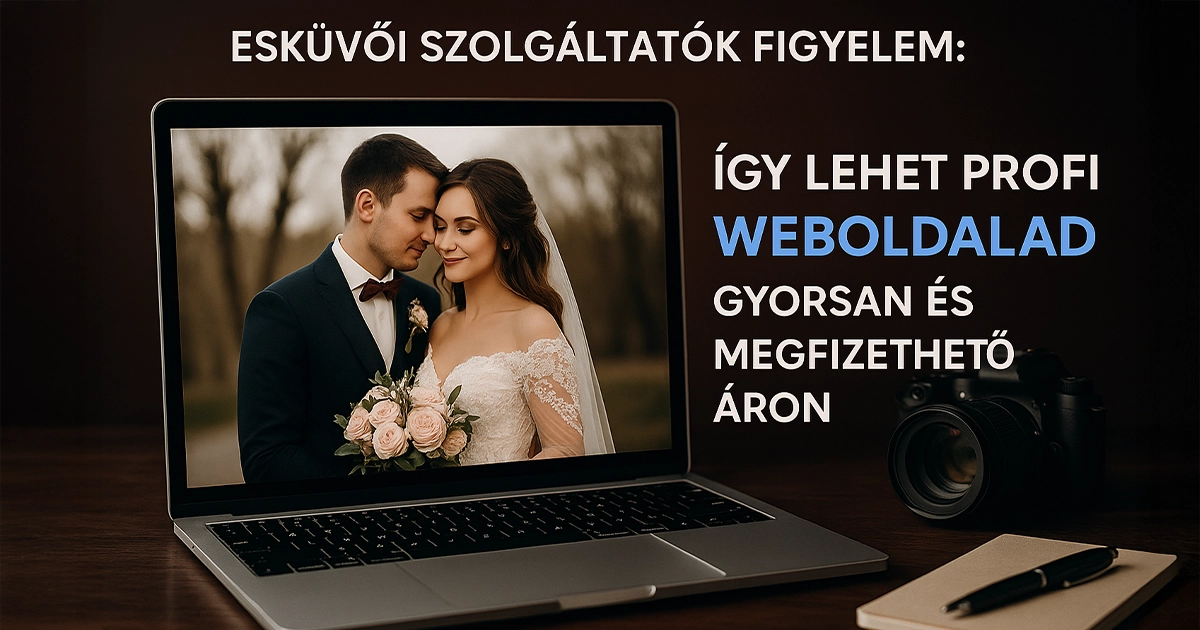 Modern, letisztult esküvői szolgáltatói weboldal bemutatása mobilon és laptopon, elegáns arculattal.