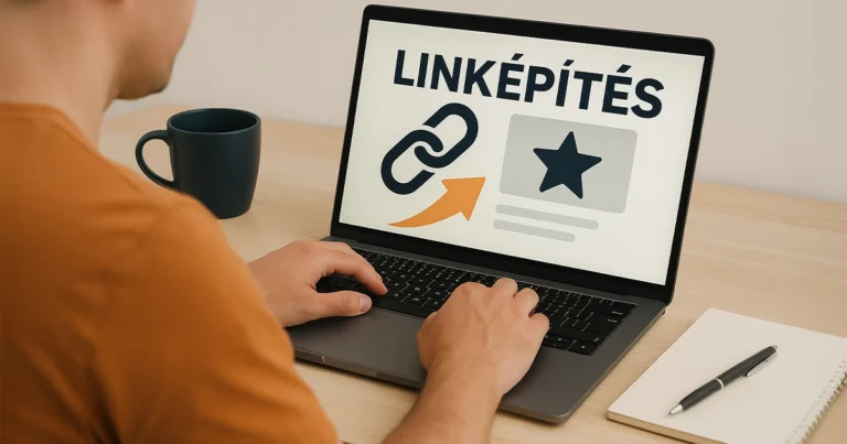 Linképítés SEO-hoz, férfi laptopon dolgozik keresőoptimalizálási feladatokon.