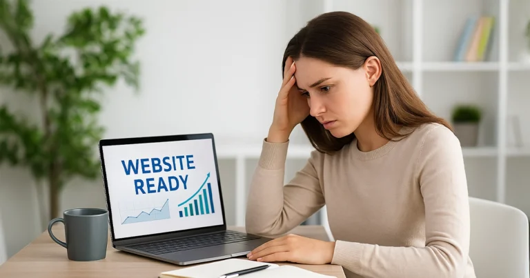 Fiatal nő laptop előtt ül, a fejét fogja, miközben a képernyőn a 'Website Ready' felirat látszik – szemléltetve a bizonytalanságot, hogy mi a következő lépés egy frissen átadott weboldal után.