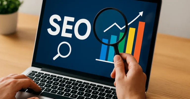 Laptop képernyőjén SEO felirat és színes grafikon látható, amelyet egy kéz nagyítóval vizsgál – keresőoptimalizálás vizuális ábrázolása.