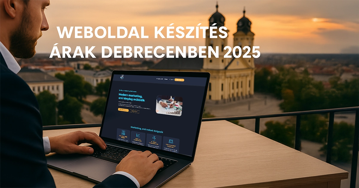 Weboldal készítés árak Debrecenben 2025-ben – laptopon megjelenő modern marketing weboldal a Nagytemplom háttérben