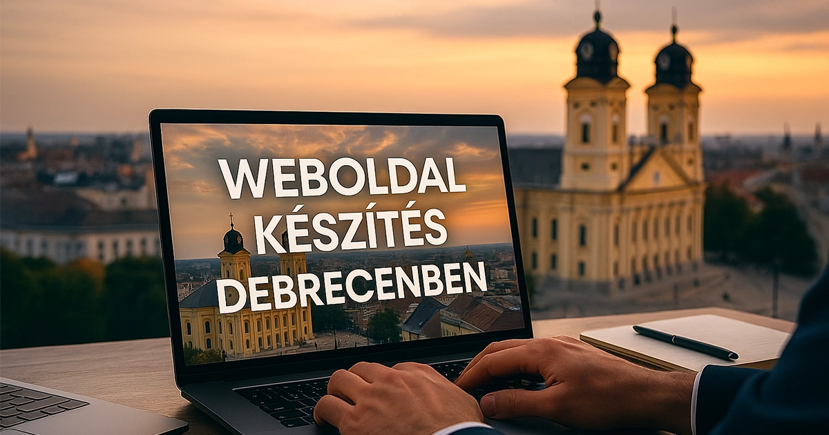 Egy debreceni webfejlesztő modern weboldal készítésen dolgozik, minimalista irodai környezetben, professzionális megjelenéssel