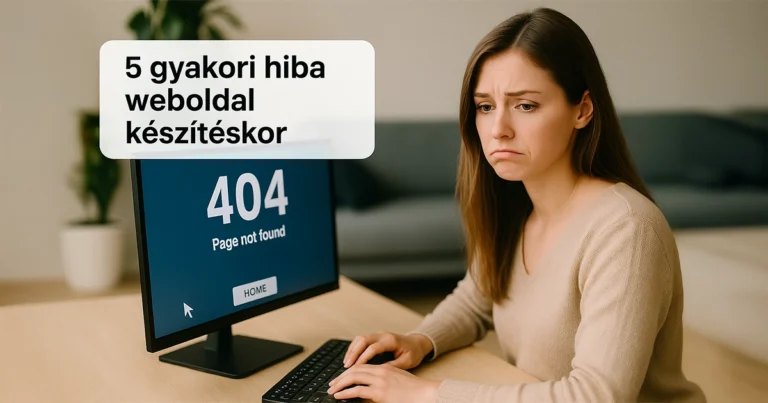 Szomorú nő billentyűzet előtt, hibásan megjelenő weboldalt nézve – illusztráció a weboldal készítés során elkövetett hibákról.