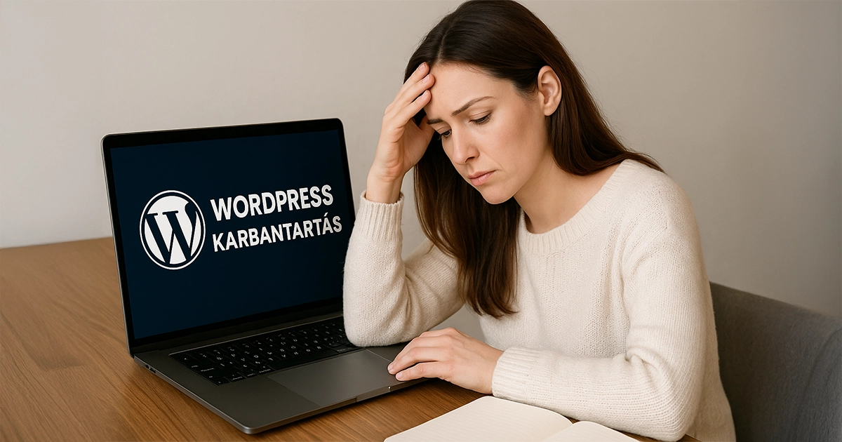 Fiatal nő laptopon dolgozik WordPress karbantartás közben – weboldal frissítés és biztonság