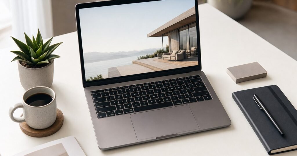 Céges bemutatkozó weboldal készítés - modern laptop asztali munkahely
