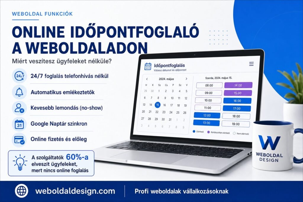 Online időpontfoglaló rendszer weboldalakon — naptár és foglalási felület laptop képernyőn
