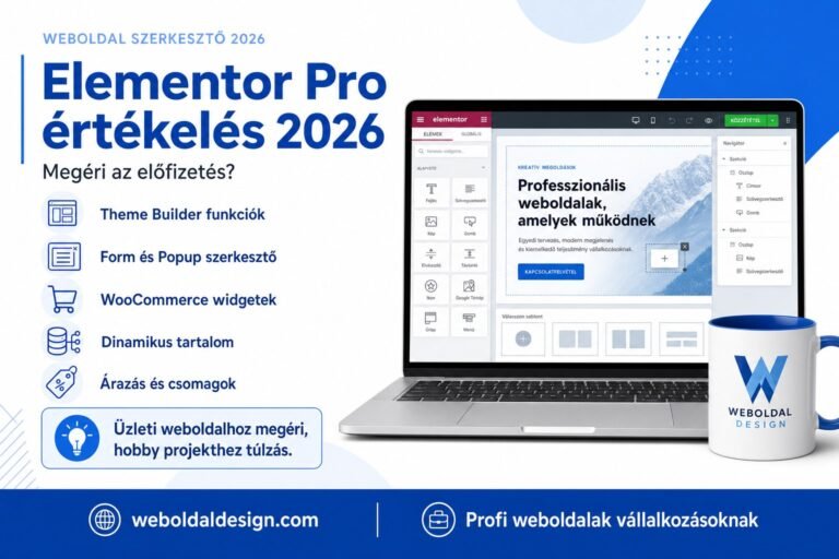 Elementor Pro értékelés 2026 — branded weboldaldesign.com infografika