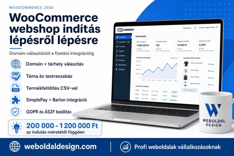 WooCommerce webshop indítás 2026 — branded infographic, domain, tárhely, SimplePay, Barion, GDPR lépések