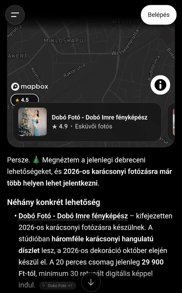 AI-keresőoptimalizálás eredménye: a ChatGPT a Dobó Fotót ajánlja karácsonyi fotózásra