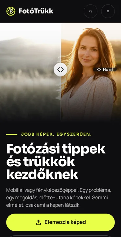 Weboldal készítés referencia: FotóTrükk fotós tippek és AI-fotóelemző (mobil)