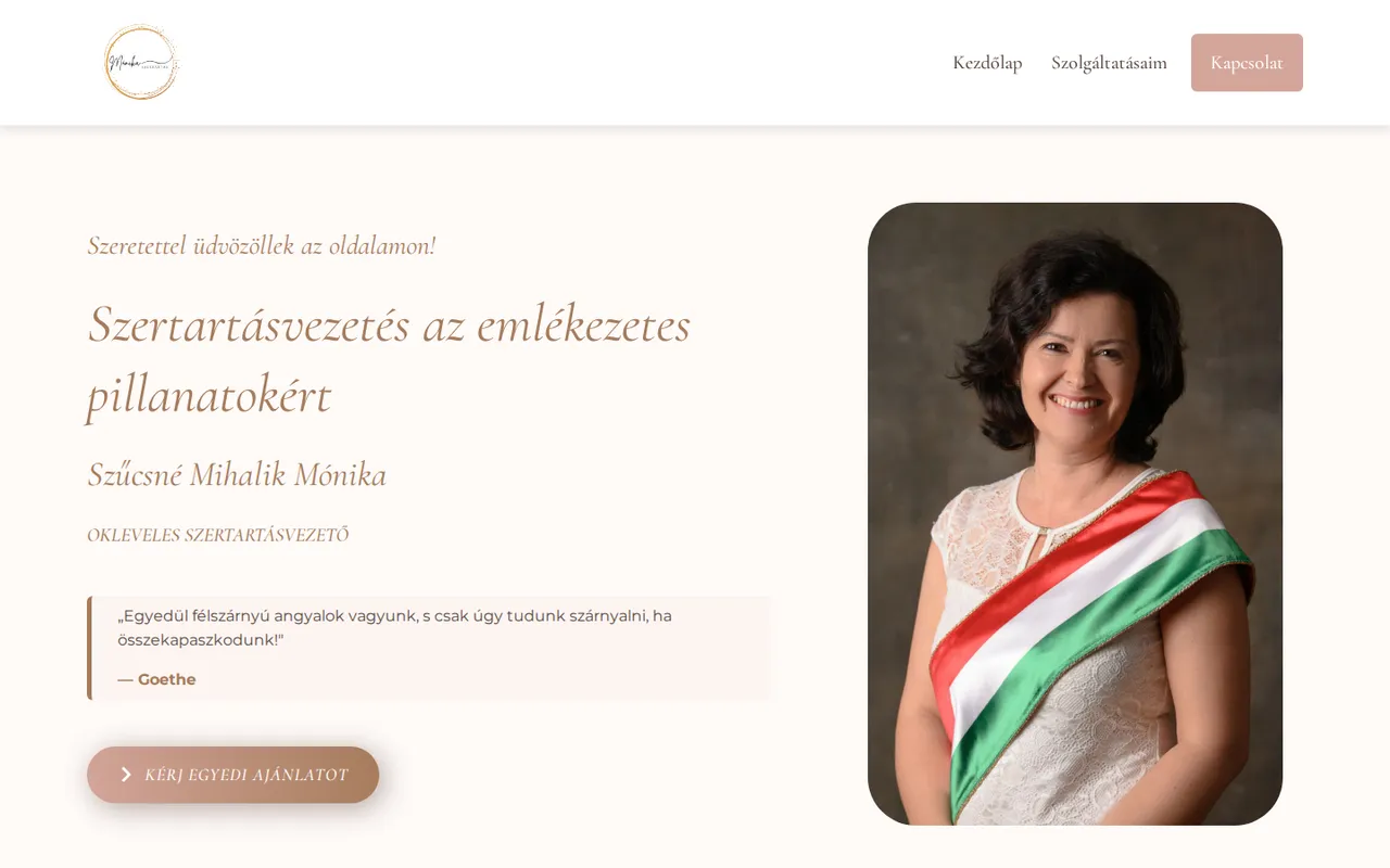 Bemutatkozó weboldal készítés: Szűcsné Mihalik Mónika szertartásvezető weboldala