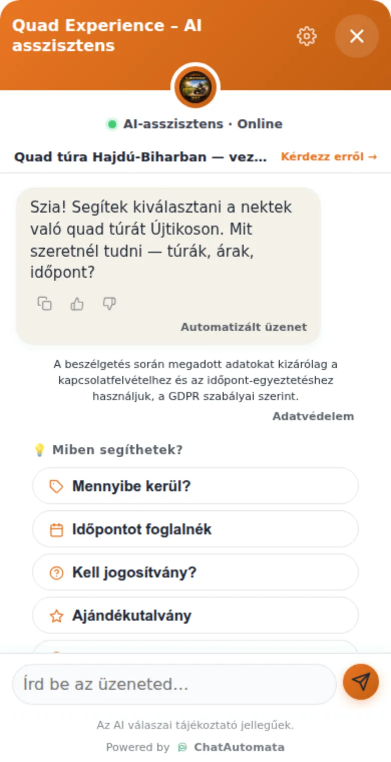 Foglalás a chatben: a quadon.hu AI-asszisztense mobilon