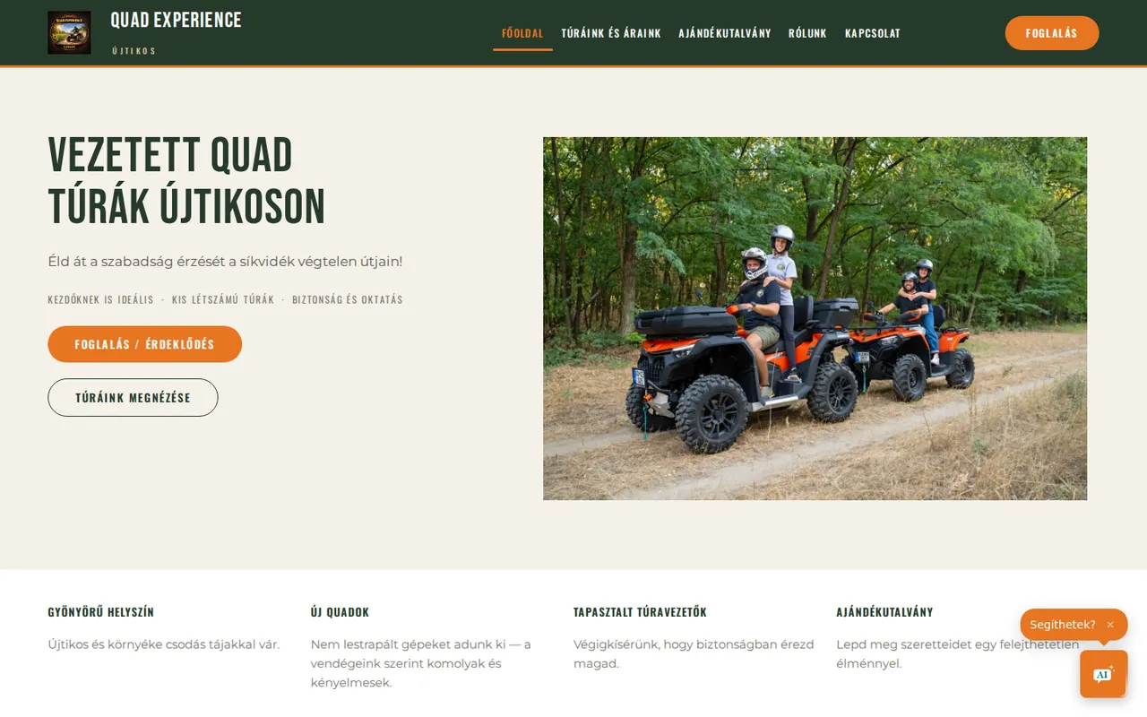 Weboldal készítés túraszolgáltatónak: a Quad Experience vezetett quad túrák weboldala foglalással