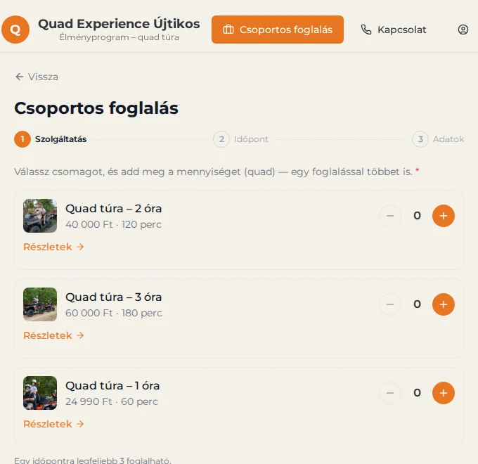 Online időpontfoglaló a quadon.hu-n: túra és mennyiség kiválasztása