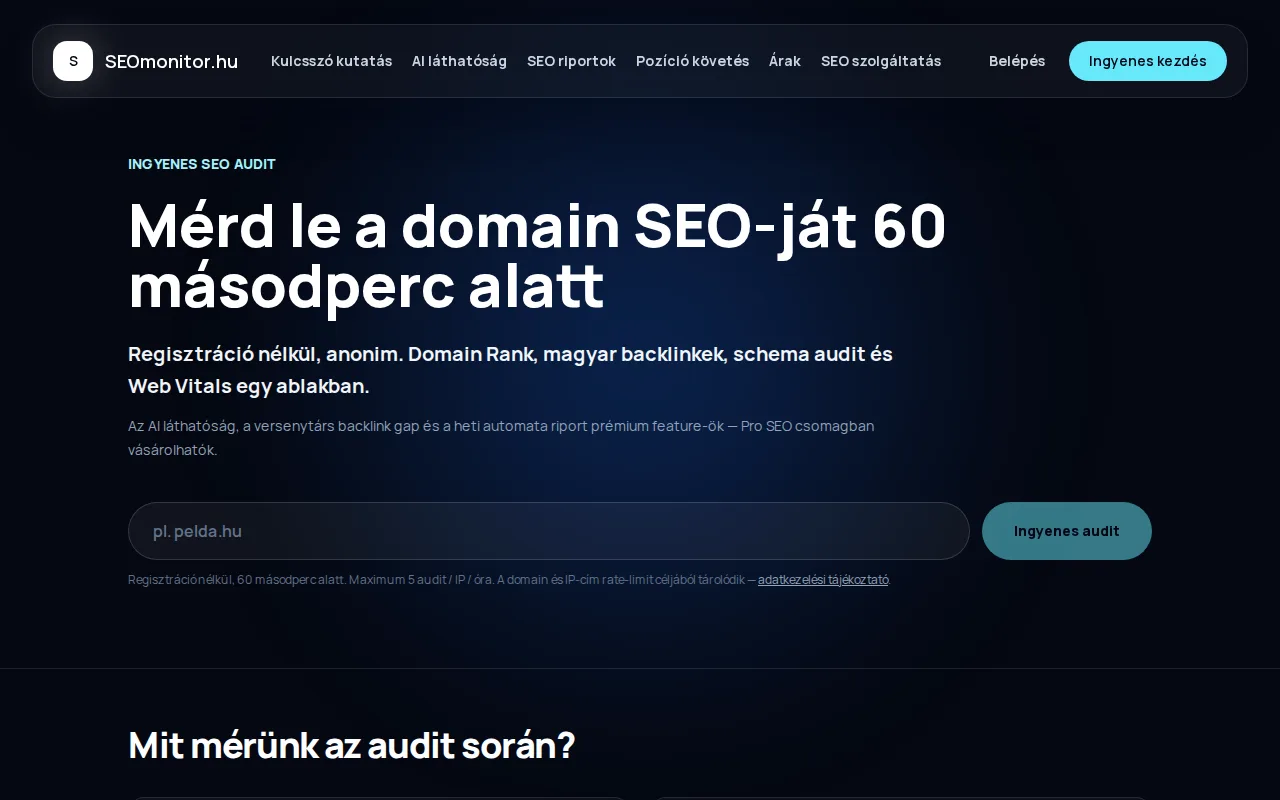 Ingyenes SEO-ellenőrzés a SEOmonitoron