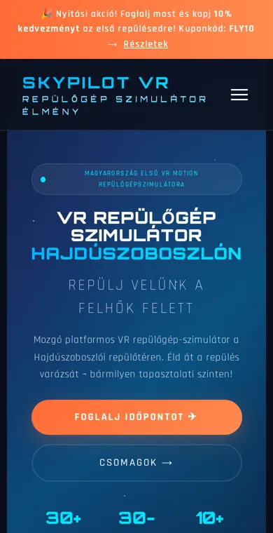 Weboldal készítés referencia: Skypilot VR repülőgép-szimulátor foglalással (mobil)