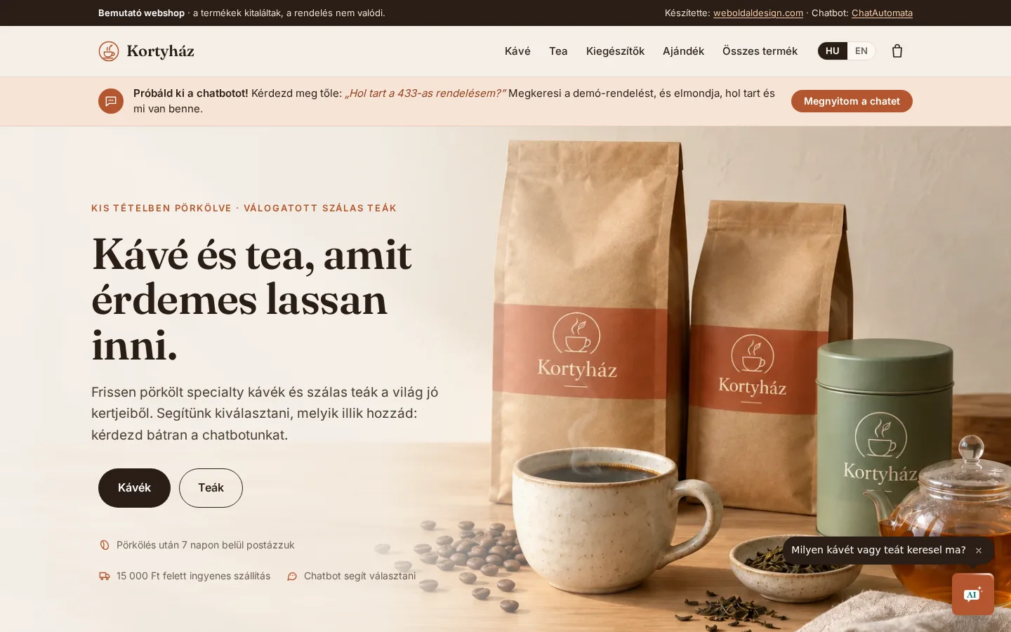 Webshop készítés minta: Kortyház demó webshop főoldala asztali nézetben