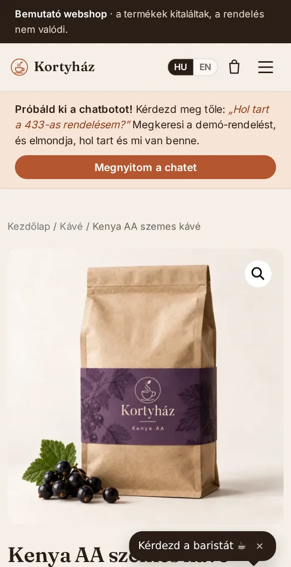 Webshop készítés minta: Kortyház demó webshop termékoldala mobilon