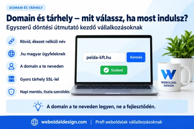 Domain és tárhely választás kezdő vállalkozásoknak – infografika laptopon domainkereséssel
